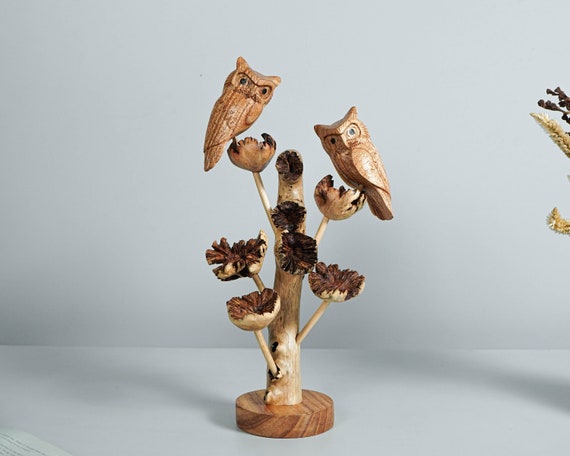 Owl Couple On Flower Figurine, Personalized, Wood Carving, Love ,Handmade, Burl Wood, Bird Ornament, Patio Decor, Romantic, Christmas Gifts