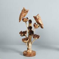 Owl Couple On Flower Figurine, Personalized, Wood Carving, Love ,Handmade, Burl Wood, Bird O...
