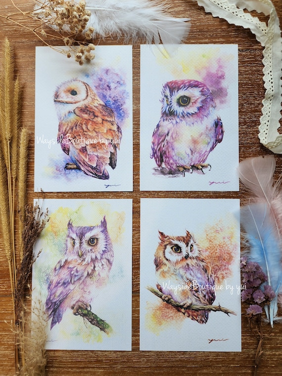 Greeting owl set 4 cards - print from watercolor painting 4 x6”, Hand painted, note card, owl card, bird, fantasy