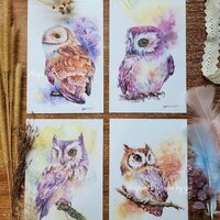 Greeting owl set 4 cards - print from watercolor painting 4 x6”, Hand painted, note ca...