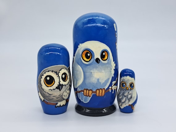 4" Polar Owl nesting dolls 3 in 1 matryoshka Made in Ukraine Wooden toy Stacking dolls Good for kids gift Home decor For owl collectors