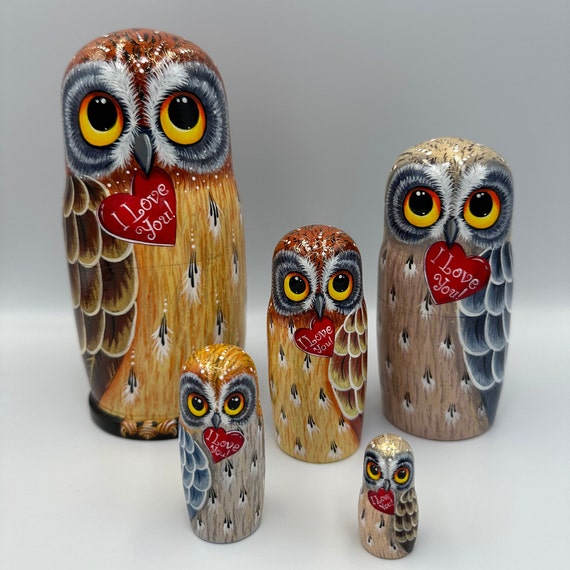 Valentine's Day Owls Nesting Dolls 17.5 cm hand painted Matryoshka Owls in love Valentine's Day wooden gifts Wooden birds Owls gift for her