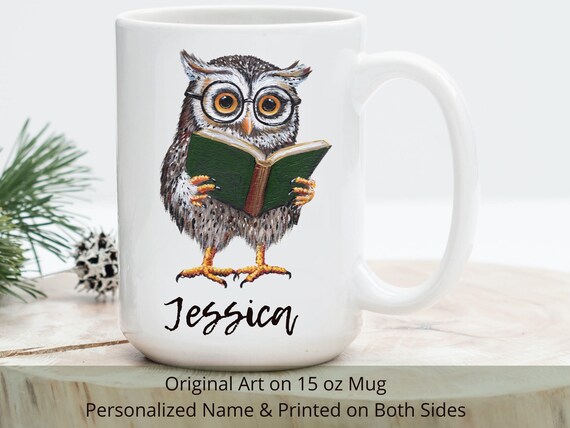 Personalized Owl Mug, Owl Gift, Owl Lover Gift, Owl Coffee Mug, Custom Name Mug, Custom Owl Mug, Personalized Gift, Owl Reading a Book Mug