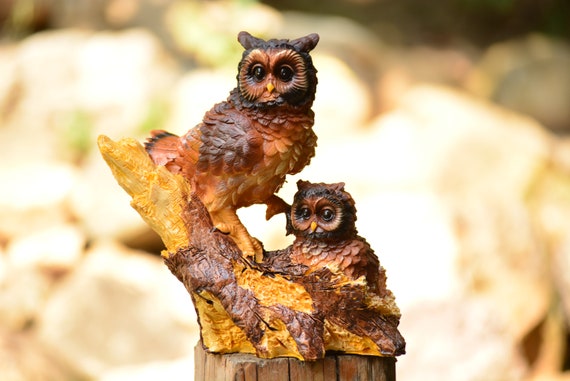 Mother and Baby Owl Figurine - Handcrafted Owls on Tree Branch - Cute Home Decor
