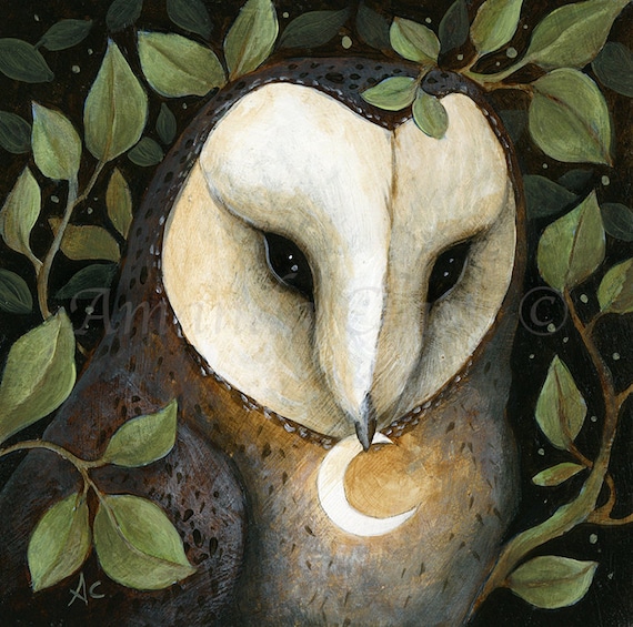 SALE! Limited edition giclee print titled "Keeper of the Moon" by Amanda Clark - owl art, sparkle, miniature