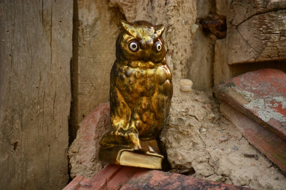 Vintage Handmade Golden Owl Statue,Vintage Owl Figurine,Owl Statuette,Vintage Owl Decor,Golden Owl Figurine