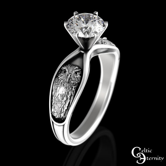 1 Carat Owl Solitaire Engagement Ring, Sterling & Moissanite Barn Owl Wedding Ring, Womens Great Horned Owl Ring, Bird Diamond Ring, 3166