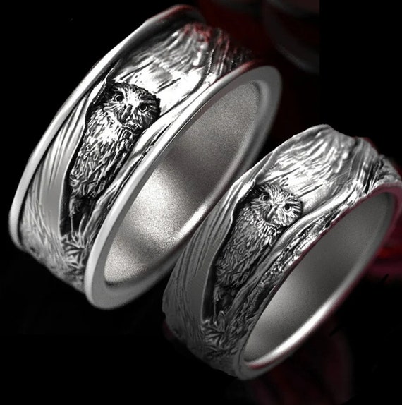 Matching White Gold Owl Ring Set, 10K 14K Owl Wedding Bands, Tree Bark Rings, His & Hers Owl Rings, Platinum Owls Wedding Rings, 1792 1794