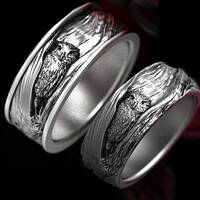 Matching White Gold Owl Ring Set, 10K 14K Owl Wedding Bands, Tree Bark Rings, His & Hers...