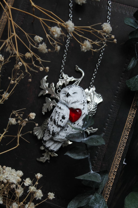 Snow Owl red Heart Necklace, Polar Owl with Thistle Pendant, Owl Jewelry, White Owl Charm