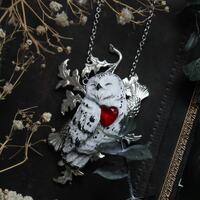 Snowy Owl Necklace: Polymer Clay Pendant with Red Heart