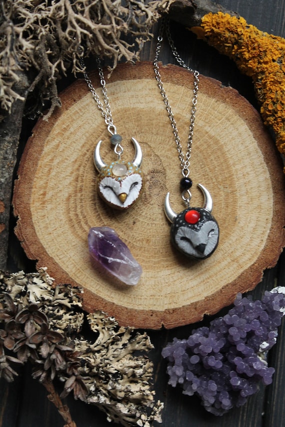 Moon Barn Owl Moonstone Necklace, Owl Charm, Owl Spirit Jewelry, Black Barm Owl Pendant, Horned Owl Charm