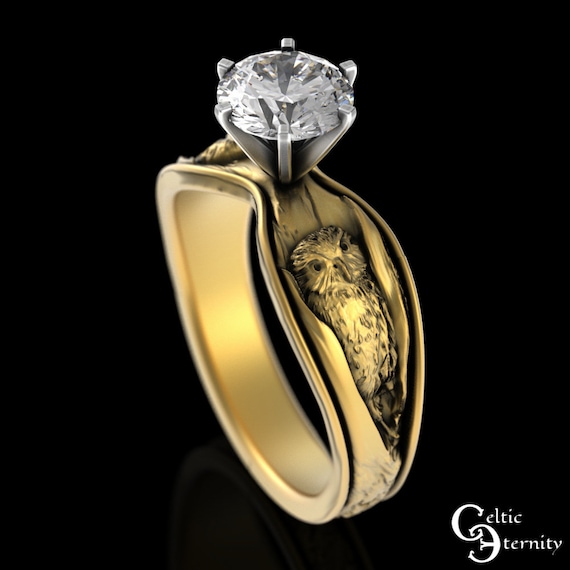 Gold or White Gold Owl & Tree Bark Engagement Ring, 1 Carat Moissanite Barn Owl, Platinum Nature Wedding Ring, Bird Diamond Solitaire 3165