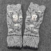 Hand knitted fingerless mittens with embroidery owl,embroidered arm warmers,soft and casual ...