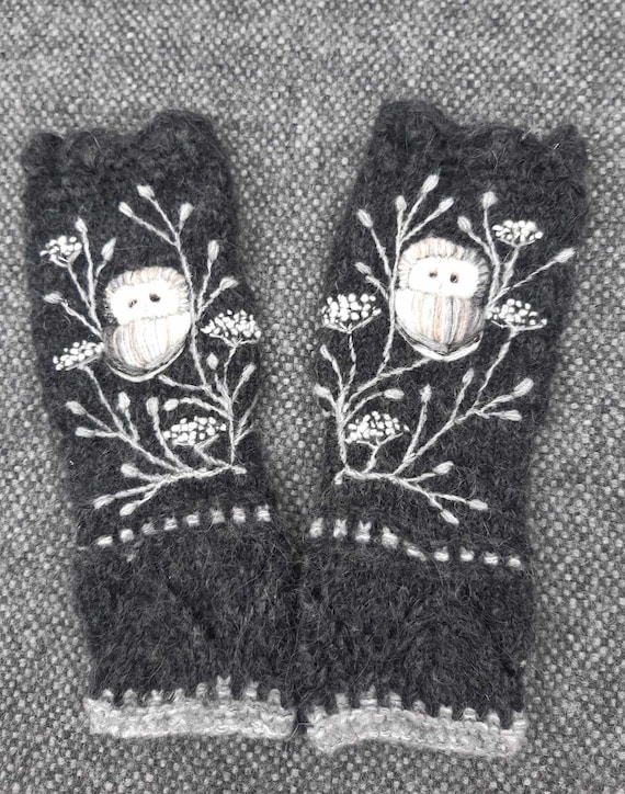 Hand knitted fingerless mittens with embroidery owl,embroidered arm warmers,soft and casual Easter gift for her,owl collection.