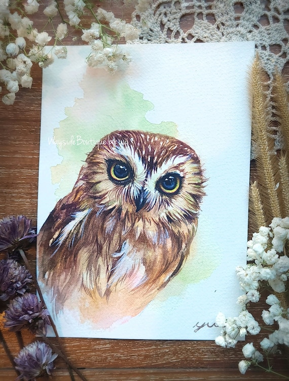 Owl ORIGINAL watercolor painting 5x7 inches pained by Yui Chatkamol, Hand painted Not print,gift, gift for her mom, home decor,animal
