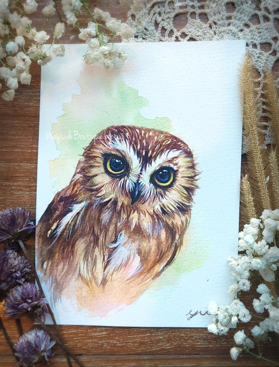 Owl ORIGINAL watercolor painting 5x7 inches, Hand-painted by Yui Chatkamol, minimalist bird wall art