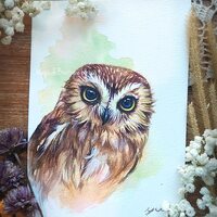 Owl ORIGINAL watercolor painting 5x7 inches pained by Yui Chatkamol, Hand painted Not print,...
