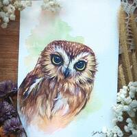 Owl ORIGINAL watercolor painting 5x7 inches, Hand-painted by Yui Chatkamol, minimalist bird ...