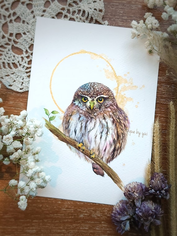 Northern Pygmy Owl ORIGINAL watercolor painting 5x7 inches, Hand painted Not print,gift, wall art, gift for her mom, home decor, gold, Hunt,