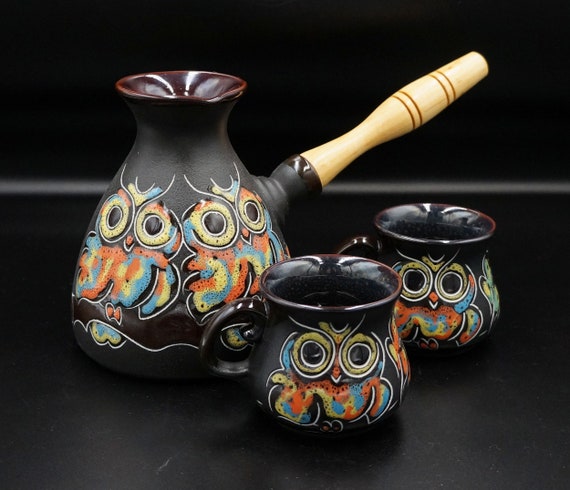 Turkish coffee set ceramic coffee pot and 2 small coffee mugs 3.3oz Clay coffee maker Handmade engraved and painted owl coffee set pottery