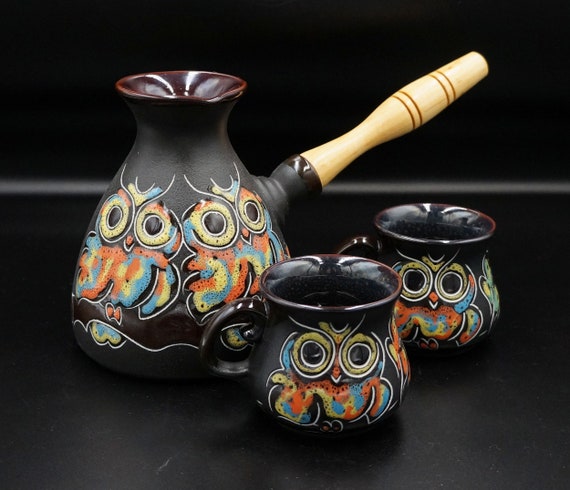 Turkish coffee set ceramic coffee pot and 2 small coffee mugs 3.3oz Clay coffee maker Handmade engraved and painted owl coffee set pottery