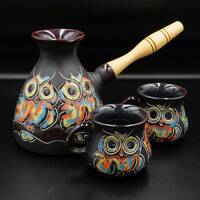 Turkish coffee set ceramic coffee pot and 2 small coffee mugs 3.3oz Clay coffee maker Handma...