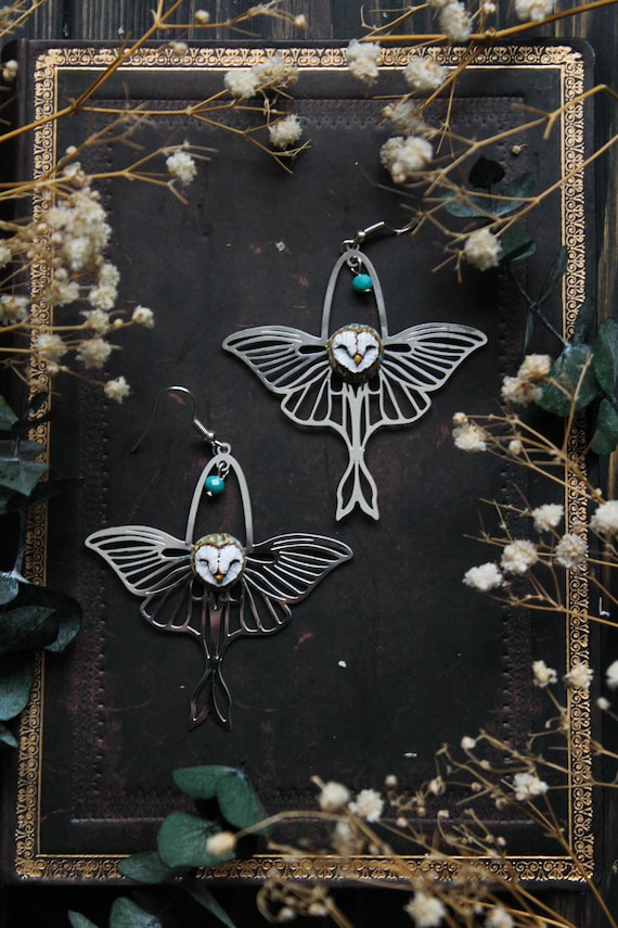 Owl Butterfly Earrings, Barn Owl Dangle and Drop Earrings, Bird Jewelry, Woodland Witchy Earrings, Fairycore Jewelry