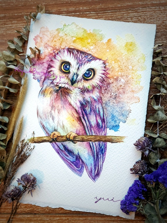 Owl of Enchantment - ORIGINAL watercolor painting 7.5x11 inches, 100% Hand-painted by Yui Chatkamol, colourful owl art,wall art,Wildlife