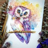 Owl of Enchantment - ORIGINAL watercolor painting 7.5x11 inches, 100% Hand-painted by Yui Ch...