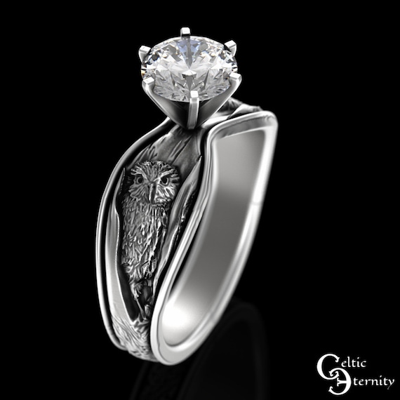 Owl & Tree Bark Engagement Ring, Sterling Moissanite Barn Owl Wedding, Silver Women Nature Forest Ring, Bird Diamond Solitaire Ring 3165