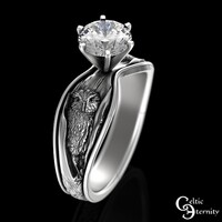 Owl & Tree Bark Engagement Ring, Sterling Moissanite Barn Owl Wedding, Silver Women Natu...