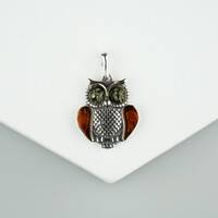 Small Baltic Amber Owl Pendant, Silver Owl Necklace, Unisex Owl Jewelry, Baltic Amber Neckla...