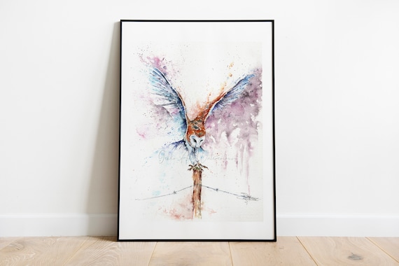 The Resting Post. Barn Owl in Flight Limited Edition Print, Owl Giclee Art Print, Signed Watercolour Painting by Wildlife Artist Sandi Mower