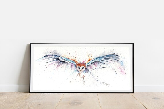 Barn Owl in Flight. Giclee Art Print, Signed Watercolour Painting by Wildlife Artist Sandi Mower