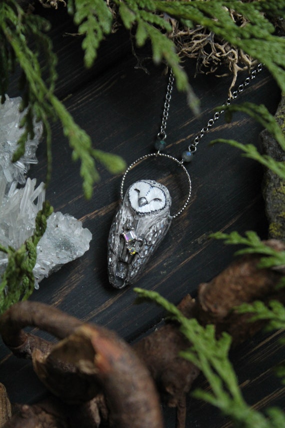 Starry Barn Owl Necklace, Witchy barn owl charm, Grey Owl Spirit Jewelry