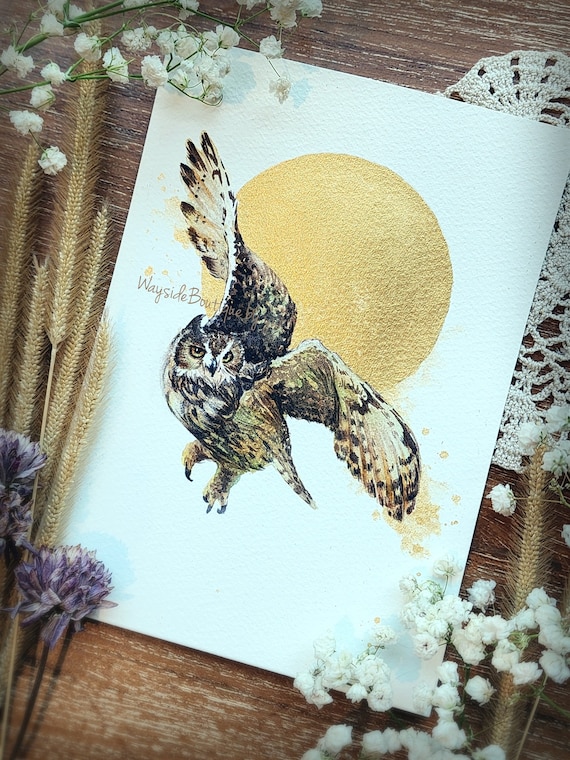 Owl ORIGINAL watercolor painting 5x7 inches, Hand painted Not print,gift, wall art, gift for her mom, home decor, gold, Hunt,