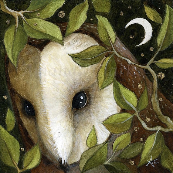 Unframed original painting titled "Leaf and Moon" by Amanda Clark - owl art, original art, acrylic art, miniature art