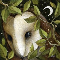Unframed original painting titled "Leaf and Moon" by Amanda Clark - owl art, origi...