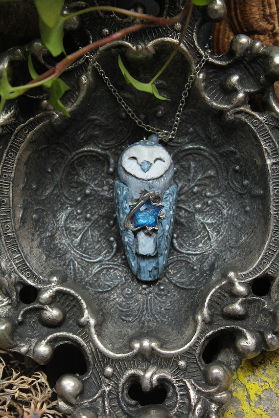 Starry Barn Owl Necklace, Witchy barn owl charm, Blue Owl Spirit Jewelry, Owl with a Star Charm