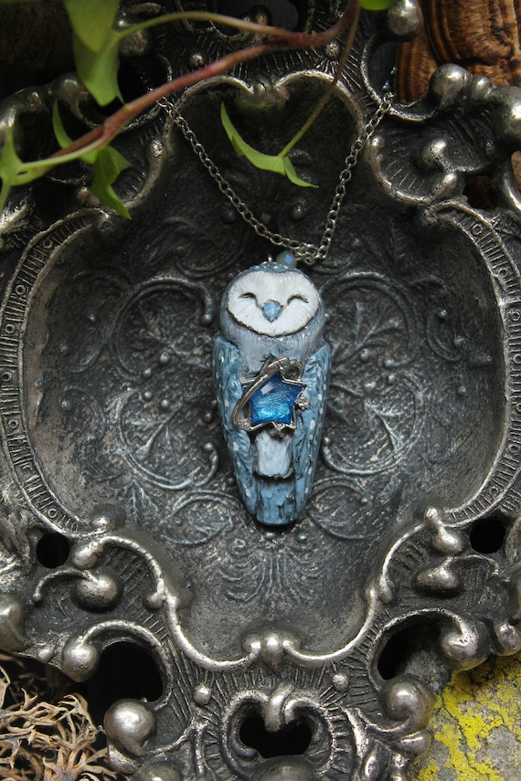 Blue Barn Owl Necklace: Polymer Clay Star Pendant, Witchy Amulet