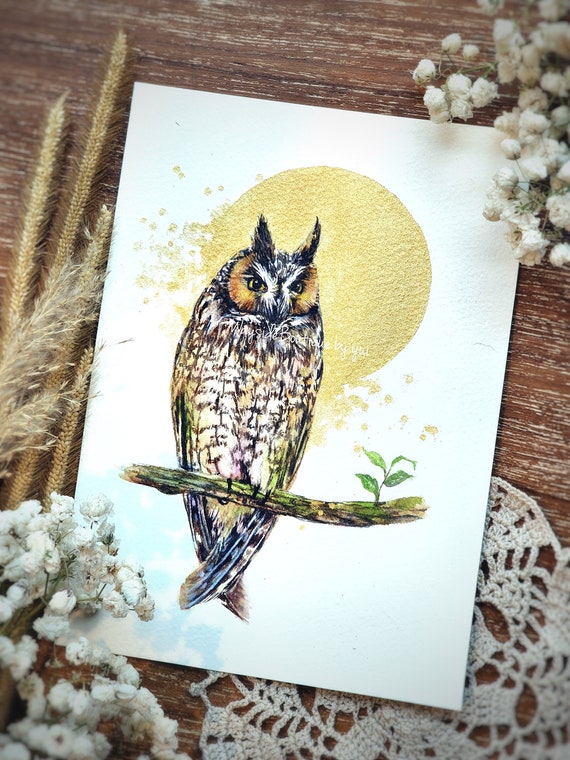 Golden Aura: Long-Eared Owl ORIGINAL 5x7", Hand-painted by Yui Chatkamol, Tiny owl art, bird illustration, vintage inspired by nature