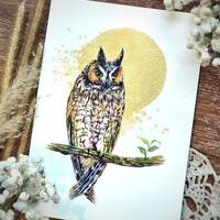 Golden Aura: Long-Eared Owl ORIGINAL 5x7", Hand-painted by Yui Chatkamol, Tiny owl art,...