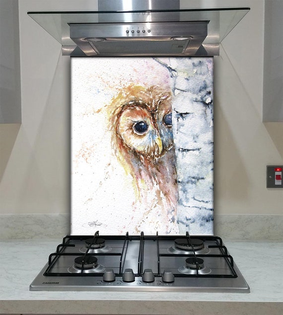 Tawny Owl Watercolour Art Glass Splashback, Backsplash, Printed Glass Tile, Kitchen Stove Hob panel by Wildlife Artist Sandi Mower