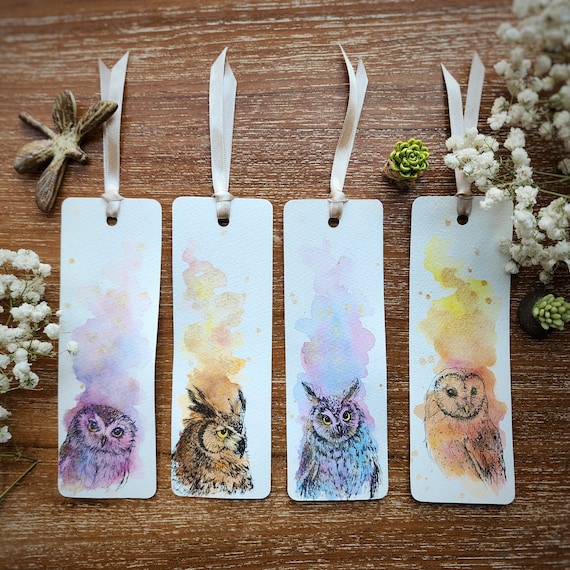 Bookmark set 4 pcs. Owl ORIGINAL watercolor painting 2x6 inches, paint by Yui Chatkamol Hand painted Not print,gift for her mom, book lover