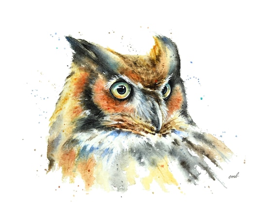 Horned Owl Watercolor Painting by Christy Barber | Owl Print, Tiny Mini Owl Art, Bird Artwork Print, Bird Owl Home Mountain Decor, Animal