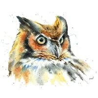 Horned Owl Watercolor Painting by Christy Barber | Owl Print, Tiny Mini Owl Art, Bird Artwor...