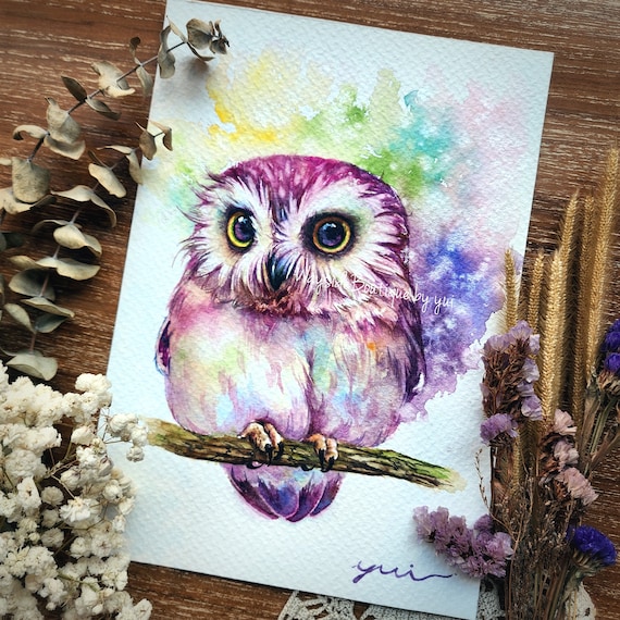 Owl -ORIGINAL watercolour painting 7x10 inches,Hand paint by Yui Chatkamol, art,Hand made,owl art, minimalist, Contemporary, gift, Wildlife