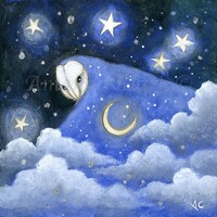 Unframed original painting titled "Above the Clouds" by Amanda Clark - owl art, or...