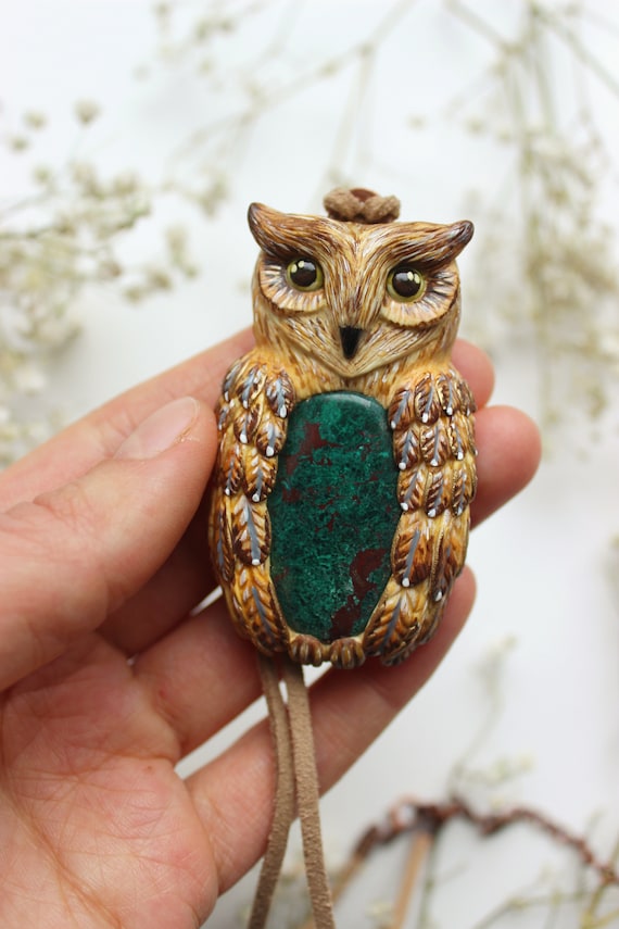 Owl necklace with chrysocolla Long eared owl Bird pendant Animal totem Amulet for a witch unique jewelry Handmade jewelry